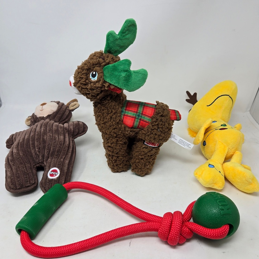 KONG Peanuts SPOT Christmas Dog Toy Bundle Reindeer‎ Woodstock Rope Ball 4pc